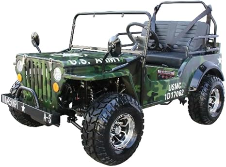 Military Style Mini Golf Cart, Kids  Camouflage Green Off-Road Vehicle with LED Lights, Army Design