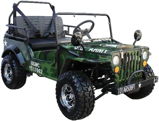 Military Style Mini Golf Cart, Kids  Camouflage Green Off-Road Vehicle with LED Lights, Army Design